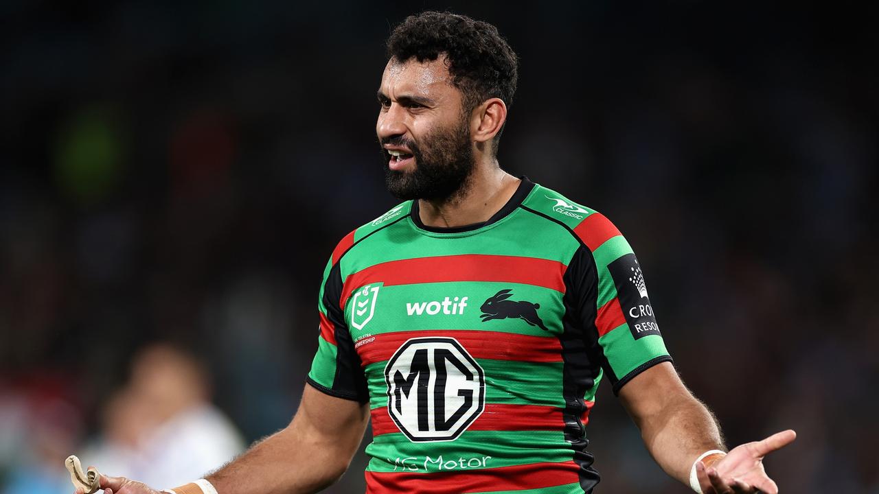 SYDNEY, AUSTRALIA - JULY 08: Alex Johnston of the Rabbitohs reacts during the round 19 NRL match between South Sydney Rabbitohs and Canterbury Bulldogs at Accor Stadium on July 08, 2023 in Sydney, Australia. (Photo by Cameron Spencer/Getty Images)