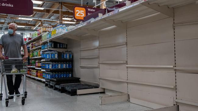 Empty shelves that usually stock bottled water at a Sainsburys supermarket in London. Picture: Chris J Ratcliffe/Getty Images