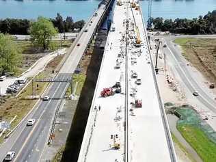 An aerial view of work on the new Harwood Bridge as part of the Pacific Highway upgrade. Picture: Adam Hourigan