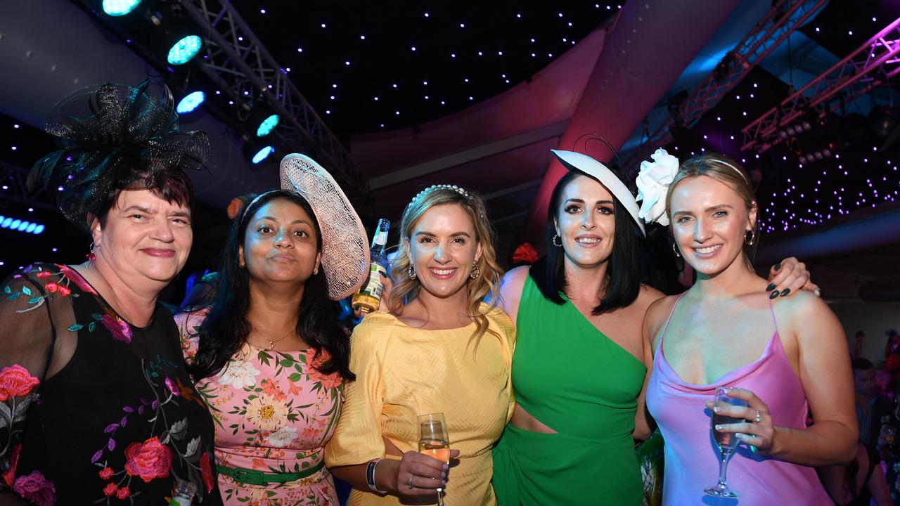 Theresa Cocks, Sanjukta, Bec Wescombe, Triona O'shaughnessy, Celeste Mackenzie on the dance floor at Darwin Ladies Day. Picture: (A)manda Parkinson