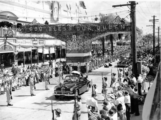 Welcome parade for Queen Elizabeth II and Prince Philip, Flinders Street, Townsville, March 1954. Picture: Townsville CityLibraries.