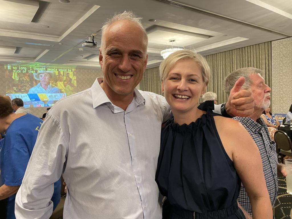 Nigel Dalton (left) celebrating with Amanda Camm LNP Whitsunday MP at Harrup Park in Mackay. Picture: Paul Brescia