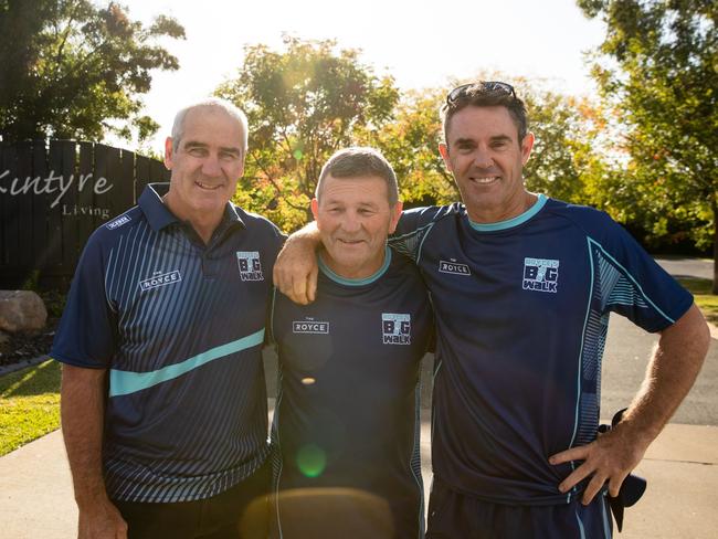 Panthers legend Royce Simmons (centre), alongside Brad Fittler (right) and Andrew Farrar (left) before setting off on their mammoth walk from Dubbo to Bathurst to raise funds for dementia in 2023. Picture: Supplied