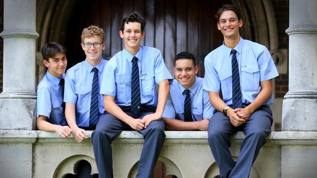 Brisbane Grammar School has scored the top OP results in the state. Current students Tim Weber, James Kenny, Nick Miller, Ryan Ah Yek and Noah Rosemann 17. Pic: Jamie Hanson