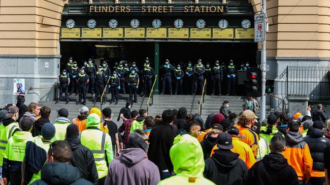 The incident was filmed at Flinders Street station during a day of violent protests in Melbourne. Picture: Asanka Ratnayake/Getty Images