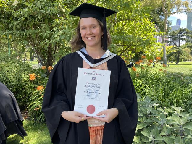 Michelle Clewley graduated with a Bachelor of Commerce at the 2024 University of Melbourne graduations. Picture: Himangi Singh