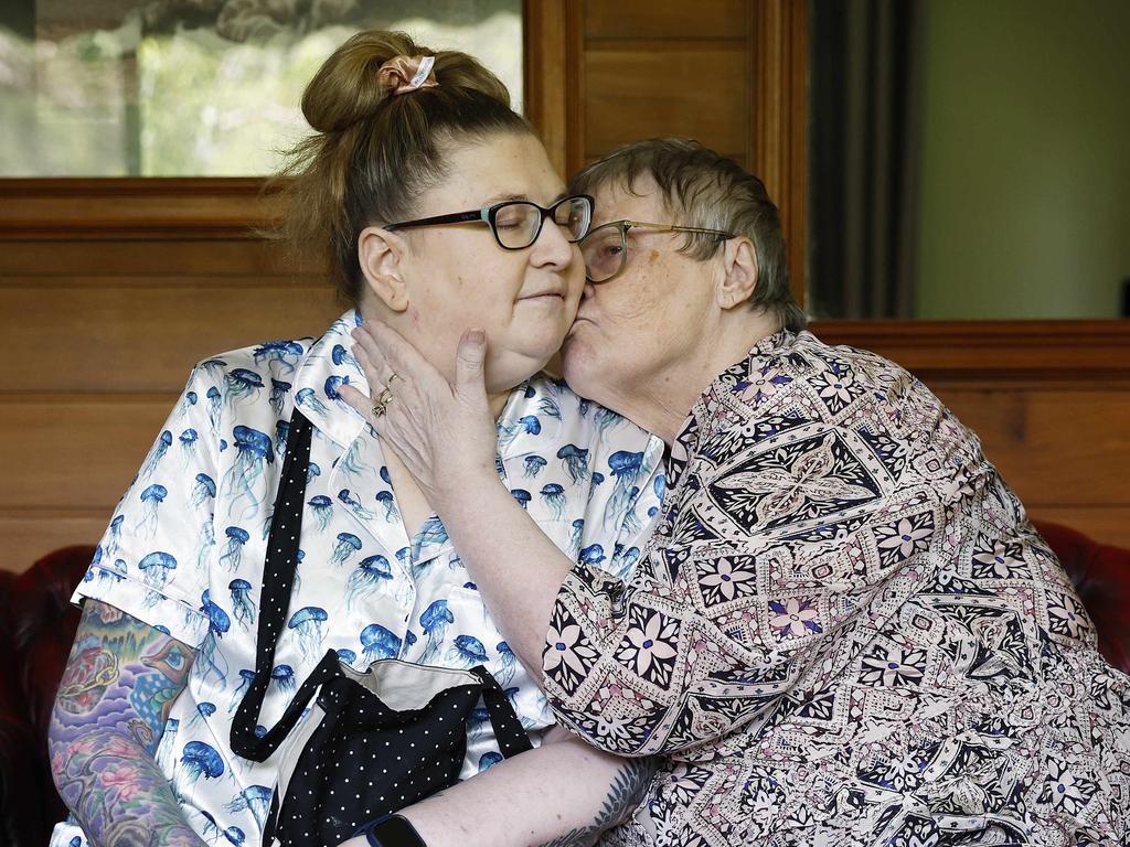 Kay Henderson gets a kiss from mum, Coralee. Picture: Sam Ruttyn