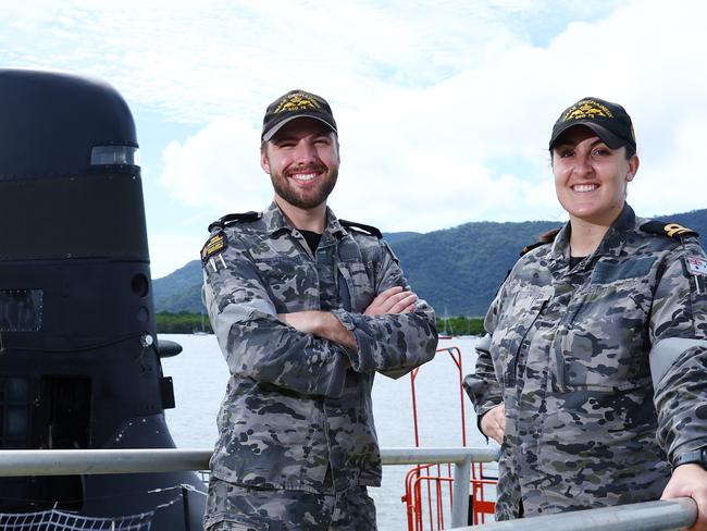 The Royal Australian Navy Collins-class submarine HMAS Dechaineux has surfaced in Cairns for the first time. HMAS Dechaineux sailors Sub Lieutenant Monica and Leading Seaman Samuel showed numerous young people interested in a career with the Australian Defence Force around their workplace. Picture: Brendan Radke