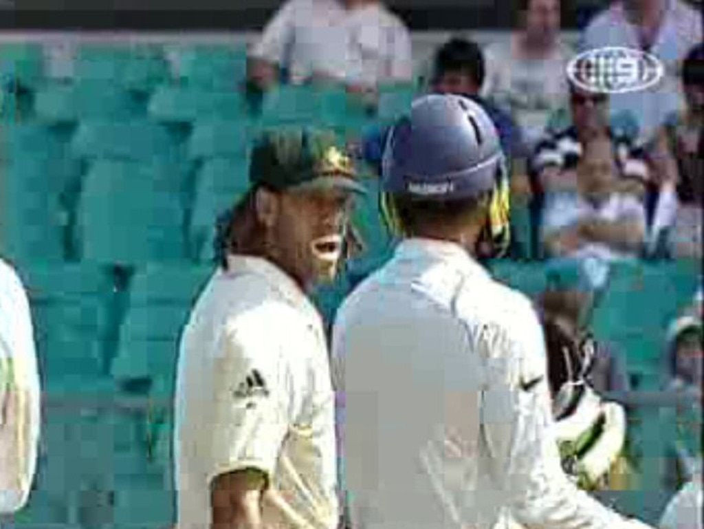 Andrew Symonds reacts to Harbhajan Singh during the ugly Monkeygate incident.