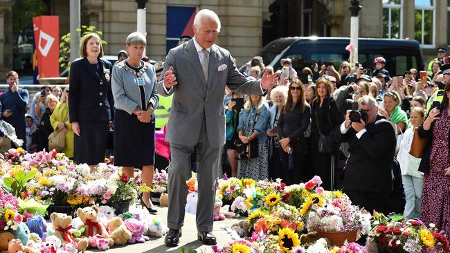 King Charles at Southport Town Hall in England on Wednesday. Picture: AFP