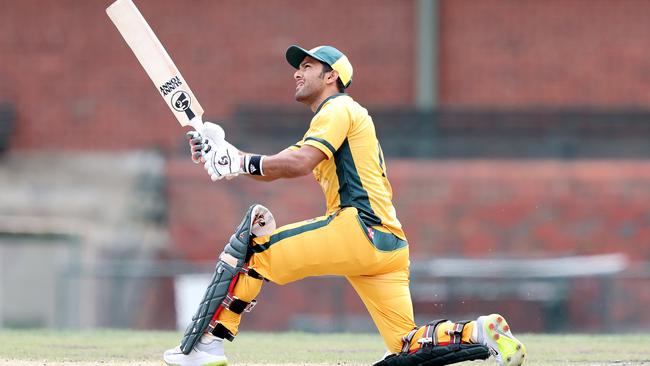 Unmukt Chand hits out for Endeavour Hills against Box Hill on Saturday.