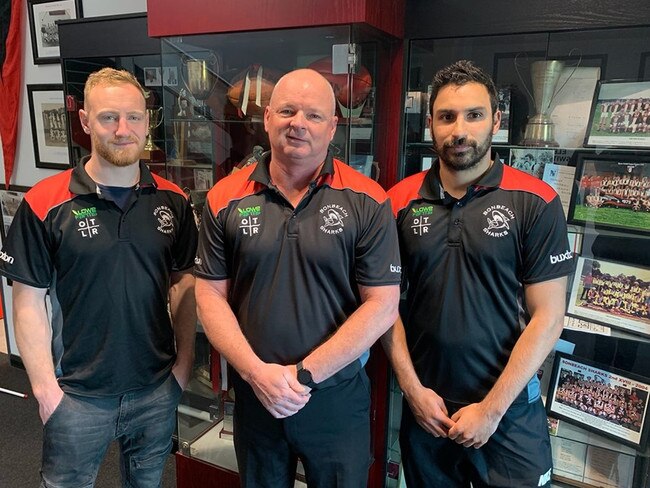 New Bonbeach senior coach Peter Williamson (centre) with Sharks captain Jackson Casey (left) and assistant coach Trent Dennis-Lane.