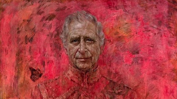 The first official portrait of Charles since the coronation has been unveiled. By portrait artist Jonathan Ye, it shows a monarch butterfly, reportedly at his request. Picture: Supplied