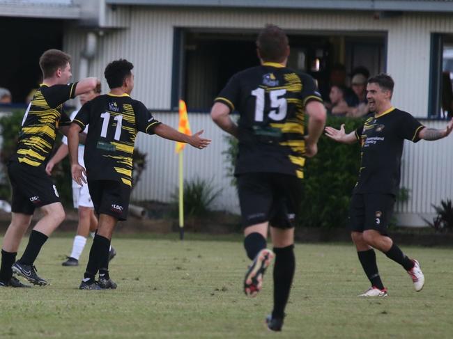 Winger Ruqi Clyde celebrates goal with Edge Hill United teammates. Marlin Coast Rangers v Edge Hill United Tigers at Pennell Field-Trinity Beach. FQPL Far North & Gulf 2024. Photo: Gyan-Reece Rocha