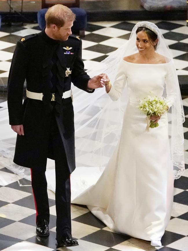 Meghan Markle in Givenchy following her marriage to Prince Harry in 2018. (Photo by Owen Humphries - WPA Pool/Getty Images)