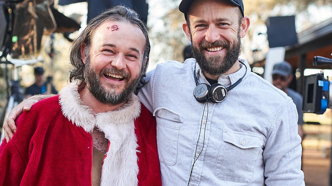 Actor Daniel Henshall and Christiaan Van Vuuren on the set of A Sunburnt Christmas in South Australia. Picture: Supplied