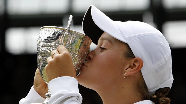 Barty kisses the trophy after defeating Russia’s Irina Khromacheva at Wimbledon. Picture: AP Photo/Anja Niedringhaus