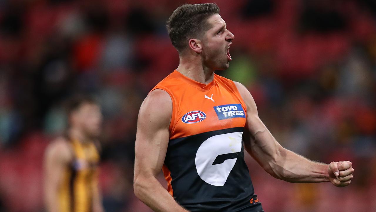 SYDNEY, AUSTRALIA - JULY 08: Jesse Hogan of the Giants celebrates kicking a goal during the round 17 AFL match between Greater Western Sydney Giants and Hawthorn Hawks at GIANTS Stadium on July 08, 2023 in Sydney, Australia. (Photo by Jason McCawley/Getty Images)