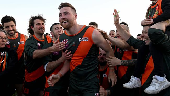 EDFL: Keilor Park’s Daylan Kempster is congratulated after winning best on ground. Picture: Andy Brownbill