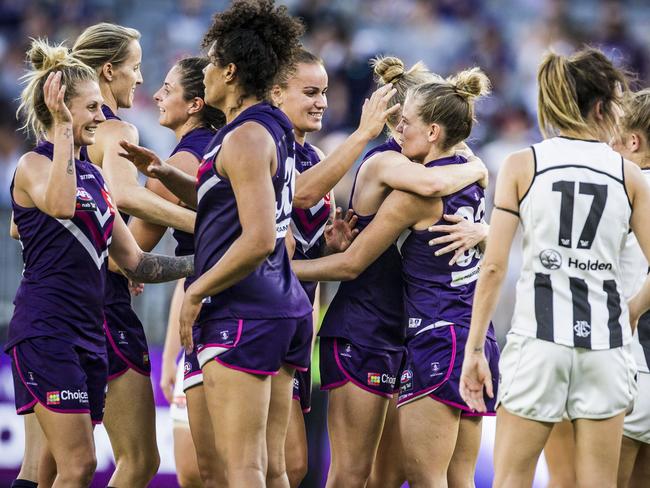 Fremantle players celebrate after the final siren. Picture: AAP Images