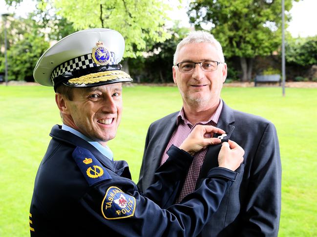 White Ribbon Walk. Police Commissioner Darren Hine, left, and Mission Australia state director Noel Mundy. Picture: SAM ROSEWARNE.