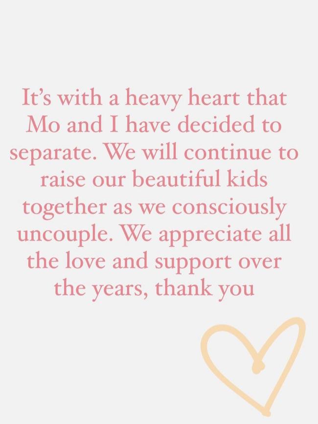 Carlstrom’s statement on her split from wife Moana Hope. Picture: Supplied