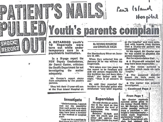 A young patient at Peat Island had all his fingernails pulled out. Picture: News Corp Archives