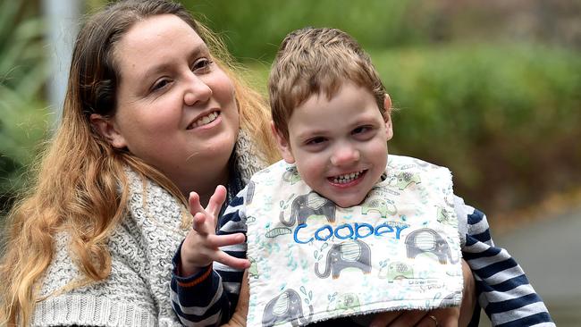 Cassie Batten with her son Cooper who is one of the medicinal cannabis trial success stories. Picture: Mike Keating