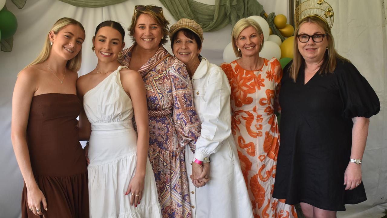 Lainee Ingram, Caitlin Lauga, Tammy Ingram, Colleen Nancarrow, Vicki Parker and Frances Barry at the Rockhampton Cup race meeting at Callaghan Park on July 13, 2024.