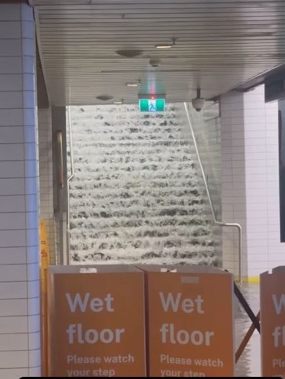 A set of stairs at Town Hall Station, in the Sydney CBD, during the storms. Picture: Instagram