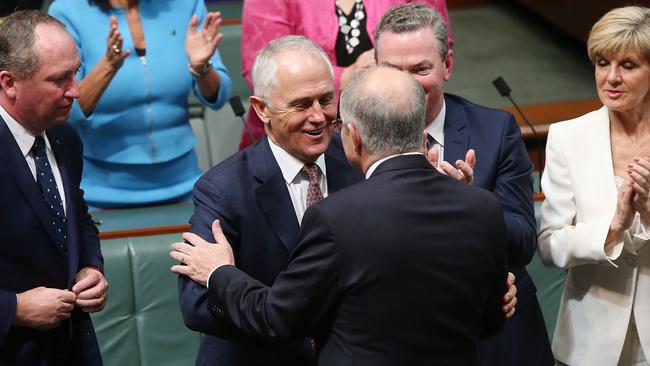 PM Malcolm Turnbull congratulates Treasurer Scott Morrison after the Budget was handed down. Picture: Kym Smith