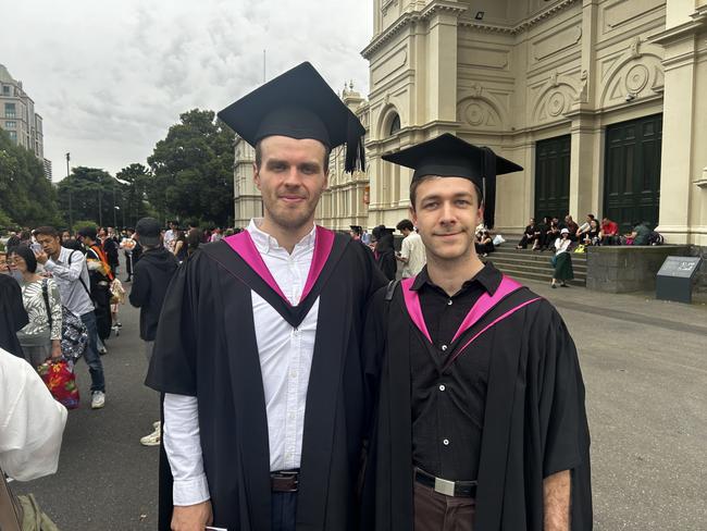 Jeremy De Lavast and Liam Blanc graduate with Masters of Architecture at the University of Melbourne's Faculty of Architecture, Building and Planning graduation ceremony at the Royal Exhibition Building on December 6, 2024. Picture: Harvey Constable