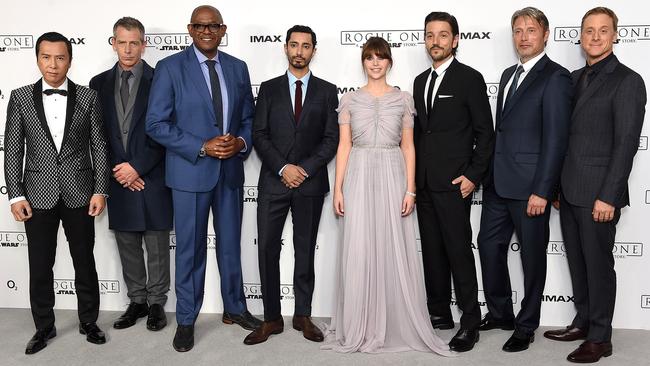 The Rogue One cast at the London premiere (from left): Donnie Yen, Ben Mendelsohn, Forest Whitaker, Riz Ahmed, Felicity Jones, Diego Luna, Mikkelsen and Alan Tudyk. Picture: Stuart C. Wilson/Getty Images