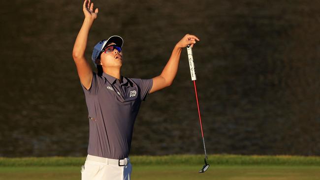 Min Woo Lee of Australia reacts to his attempt for birdie on the 17th green. (Photo by SAM GREENWOOD / GETTY IMAGES NORTH AMERICA / Getty Images via AFP)