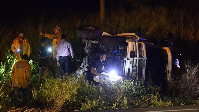 Emergency services have responded to what was reported to be an explosion on the Bruce Highway after a vehicle rolled at Nome, nearby the Bush Oasis Caravan Park. PICTURE: MATT TAYLOR.