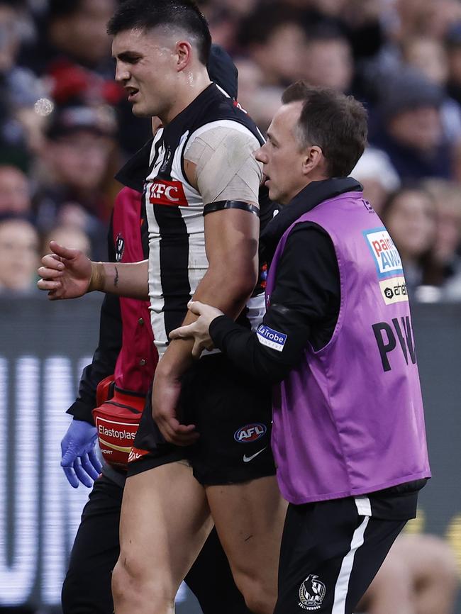 Brayden Maynard heads to the bench after injuring his shoulder. He was later subbed out.