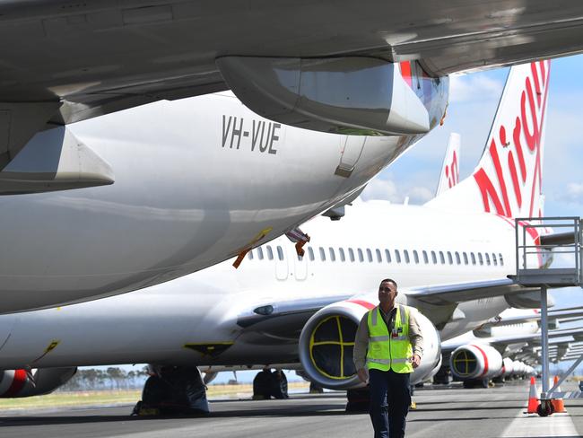 Grounded Virgin Australia planes at Brisbane Airport.