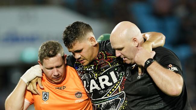 Bulldogs forward Chris Smith suffered a nasty looking injury playing for the Indigenous All Stars. Picture: AAP.