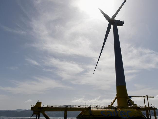 This photograph taken on March 21, 2024 shows the Demosath offshore wind turbine, off the coast of the Spanish Basque town of Armintza. Demosath is the first offshore wind turbine in Spain and can generate 2 MW of energy. (Photo by ANDER GILLENEA / AFP)