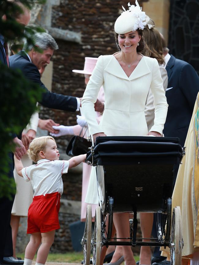 Catherine, Duchess of Cambridge, Prince William, Duke of Cambridge, Princess Charlotte of Cambridge and Prince George of Cambridge leave the Church of St Mary Magdalene on the Sandringham Estate for the Christening of Princess Charlotte of Cambridge on July 5, 2015 in King’s Lynn, England. Picture: Getty