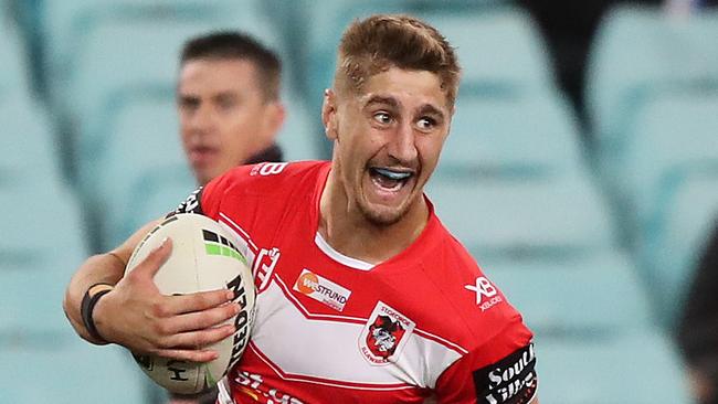 St George's Zach Lomax scores a try during the Bulldogs v St George NRL match at ANZ Stadium, Homebush. Picture: Brett Costello