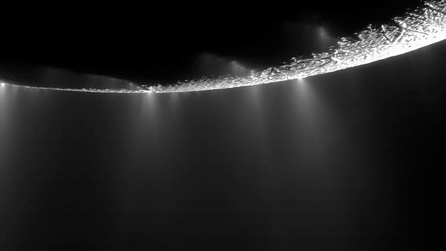 Water vapour jets emitted from the southern polar region of Enceladus. Picture: NASA/JPL/