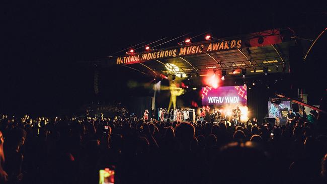 Legendary Territory rockers Yothu Yindi perform at the 2023 National Indigenous Music Awards at the Darwin Amphitheatre in the George Brown Botanic Gardens. Picture: Benjamin Warlngundu Ellis Baylis