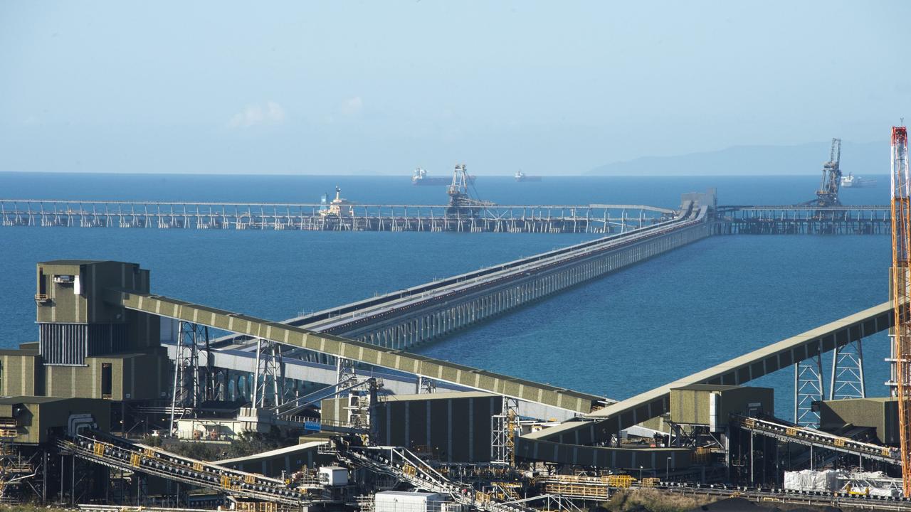 Dalrymple Bay Coal Terminal coal stock yard and loading jetty. Picture: Daryl Wright