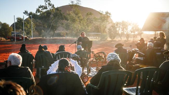 Megan Davis re-reads the Statement from the Heart at Mutitjulu in May this year. Picture: Ben Fry