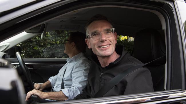 Dominic Perrottet leaves his Sydney home on Sunday after his election defeat. Picture: Monique Harmer