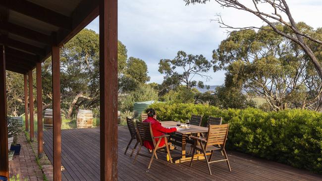 Relaxing on the deck at Studio in the Vines, McLaren Vale. Picture: Ben Macmahon