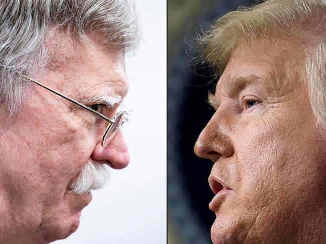 (COMBO) This combination of pictures created on January 28, 2020 shows US National Security Advisor John Bolton listening as US President Donald Trump, Japan's Prime Minister Shinzo Abe and India's Prime Minister Narendra Modi begin a trilateral during the G20 Summit in Osaka and US President Donald Trump speaking during a summit on transforming mental health treatment to combat homelessness, violence and substance abuse at the White House campus in Washington,DC. - President Donald Trump on January 27, 2020 denied that he told his former national security advisor John Bolton that military aid to Ukraine was tied to Kiev investigating his political rivals. Trump's tweets came after The New York Times reported Sunday that Bolton alleges as much in a draft of his upcoming book.