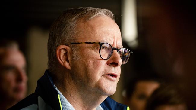 LISMORE, AUSTRALIA - NewsWire Photos - MARCH 10, 2025: The Prime Minister, Anthony Albanese, speaks at a press conferencein Lismore  after TC Alfred  was downgraded to a tropical low with rain and floodwater receeding.Picture: NewsWire / Glenn Campbell