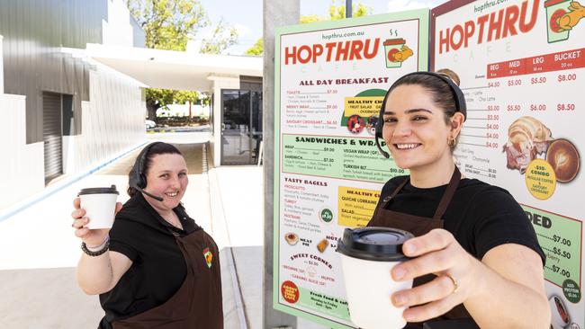 Sarah Voller (left) and Yasmine Kratzman as Hop Thru Cafe opens on James St, Monday, September 14, 2020. Picture: Kevin Farmer